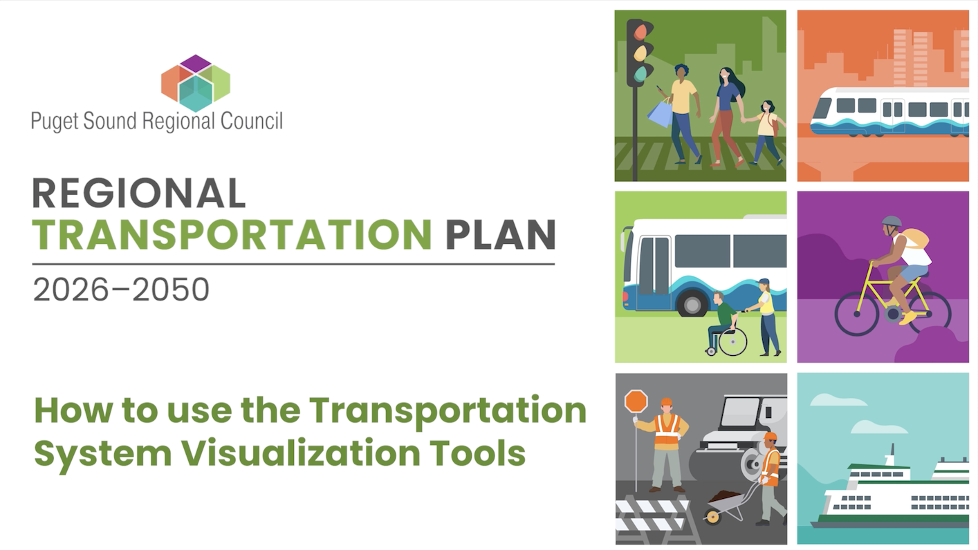 Video title slide with text: Regional Transportation Plan 2026-2050 | How to use the Transportation System Visualization Tools