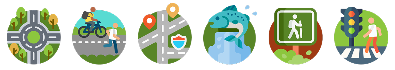 Six graphic icons of the TAP project categories: roundabouts, pedestrian/bike, roadway connection, environment/habitat preservation, trail projects, and safety.
