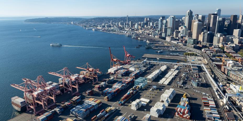 Aerial view of the Port of Seattle looking toward downtown Seattle.