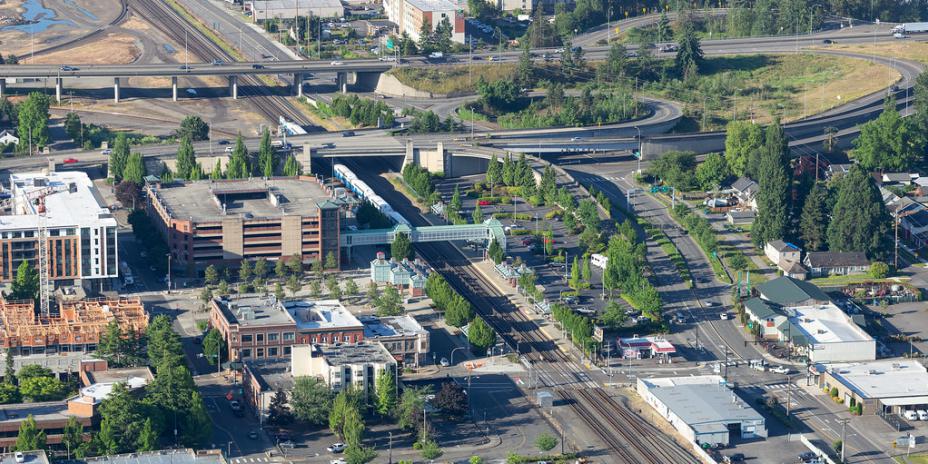Aerial view of city and roadways