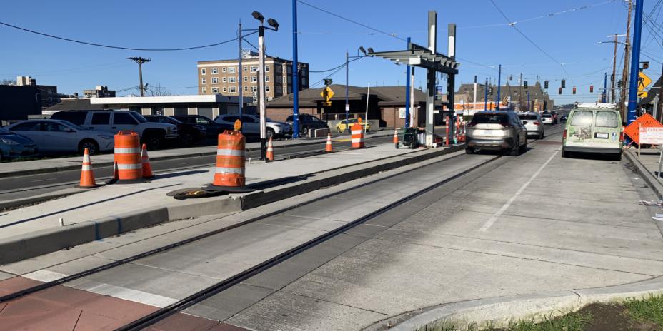 Road with road construction barrels