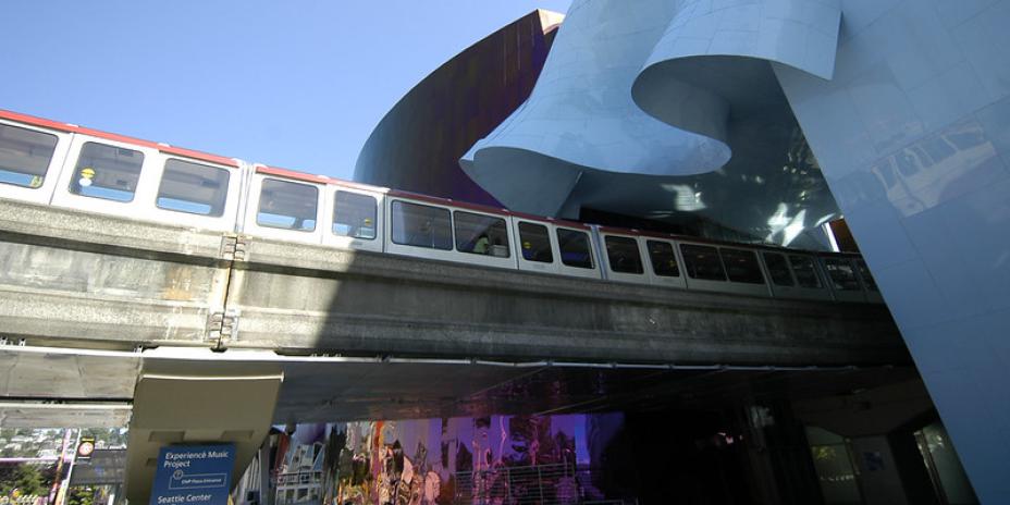 Monorail car outside of train station