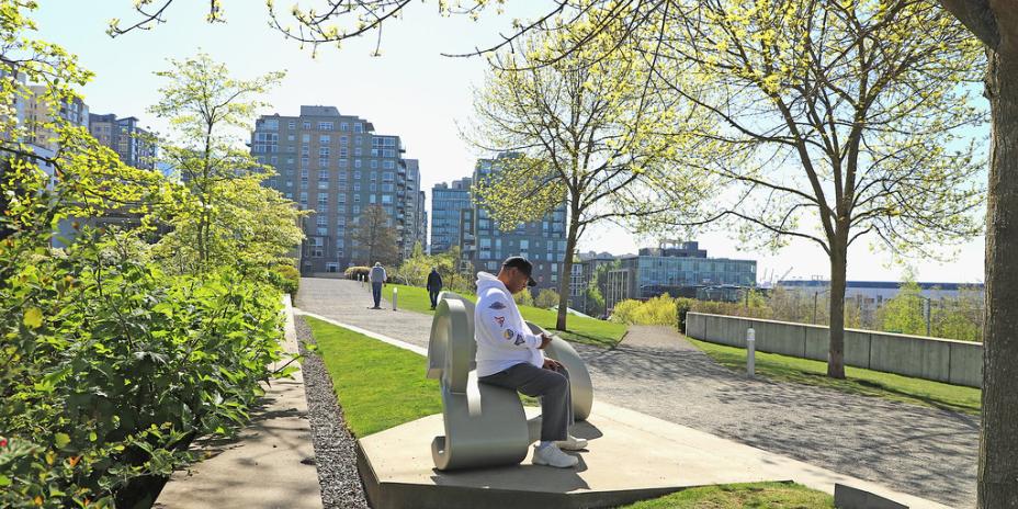 Man sitting on a park bench and reading at Seattle's Waterfront Park.