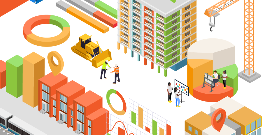 Construction and data themed illustration showing buildings, people, charts and graphs.