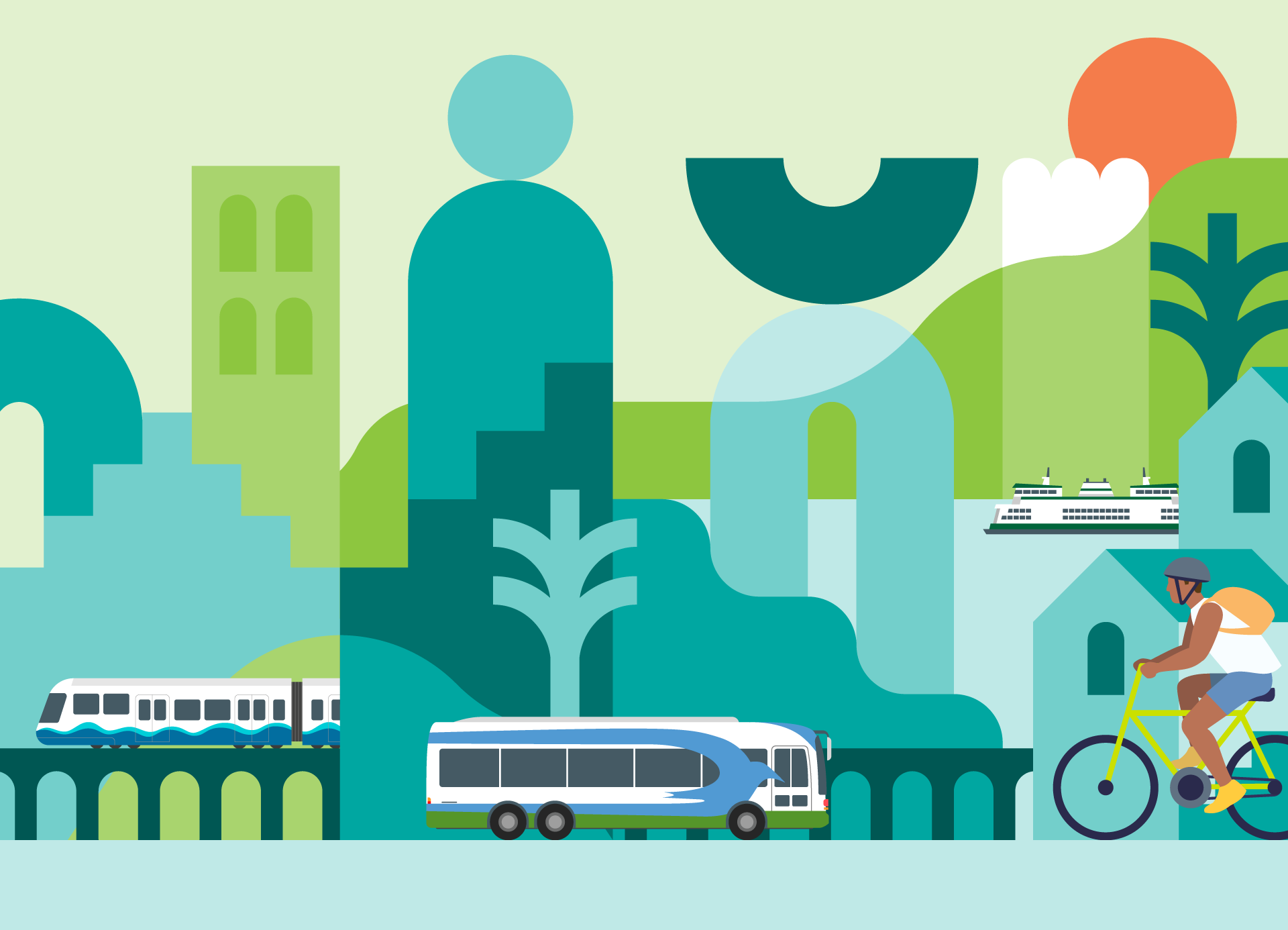 Stylized illustration representing the Puget Sound region and modes of travel, such as ferry, light rail, bus, and bicycling.