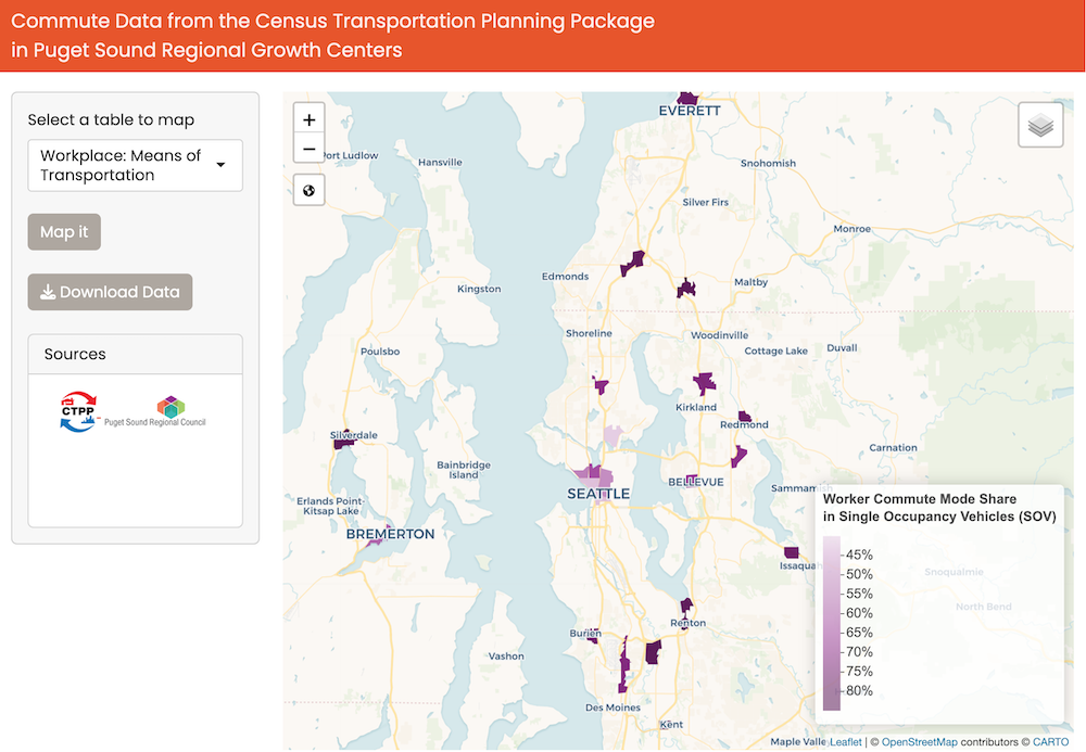 Commute Data from the Census Transportation Planning Package in Puget Sound Regional Growth Centers