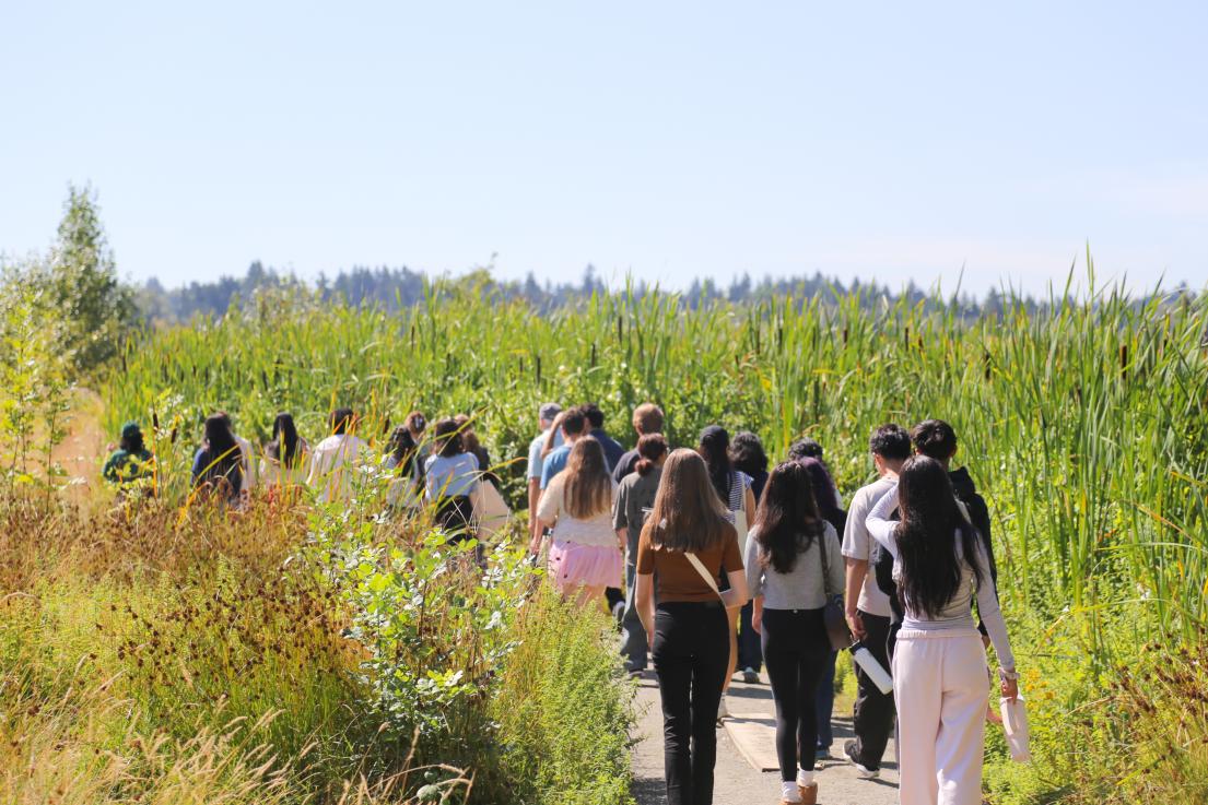 Students walking through the Union Bay Natural Area.