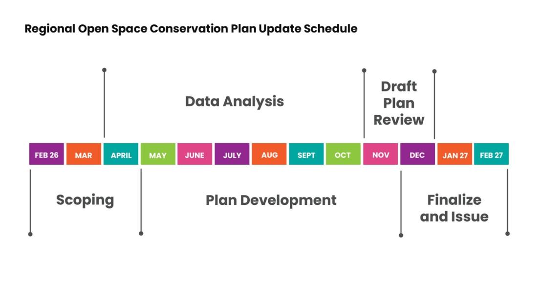 Graphic timeline showing key milestones for the plan update. Scoping: February to April 2026. Data Analysis: April to October 2026. Plan Development: May to November 2026. Draft Plan Review: November to December 2026. Finalization and Issue: December 2026 to February 2027.