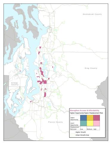 Map of the central Puget Sound region highlighting communities that are considered to have higher access to opportunity and higher displacement risk. 