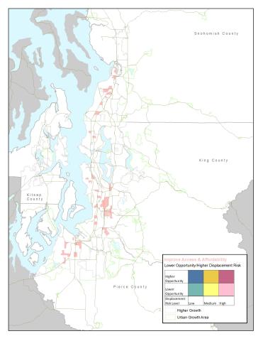 Map of the central Puget Sound region highlighting communities that are considered to have lower access to opportunity and higher displacement risk. 