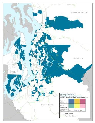 Map of the central Puget Sound region highlighting communities that are considered to have higher access to opportunity and lower displacement risk. 