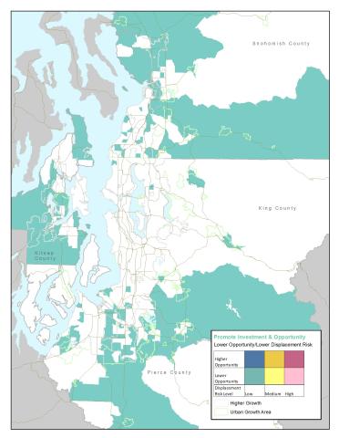 Map of the central Puget Sound region highlighting communities that are considered to have lower access to opportunity and lower displacement risk.