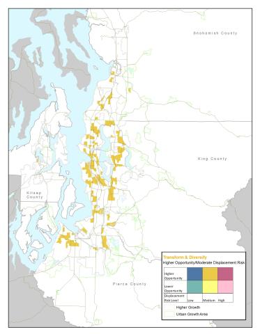 Map of the central Puget Sound region highlighting communities that are considered to have higher access to opportunity and moderate displacement risk. 