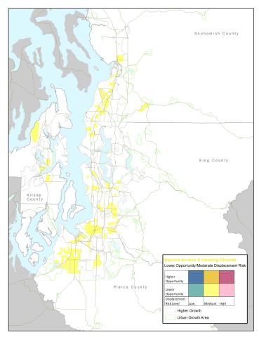 Map of the central Puget Sound region highlighting communities that are considered to have lower access to opportunity and moderate displacement risk. 